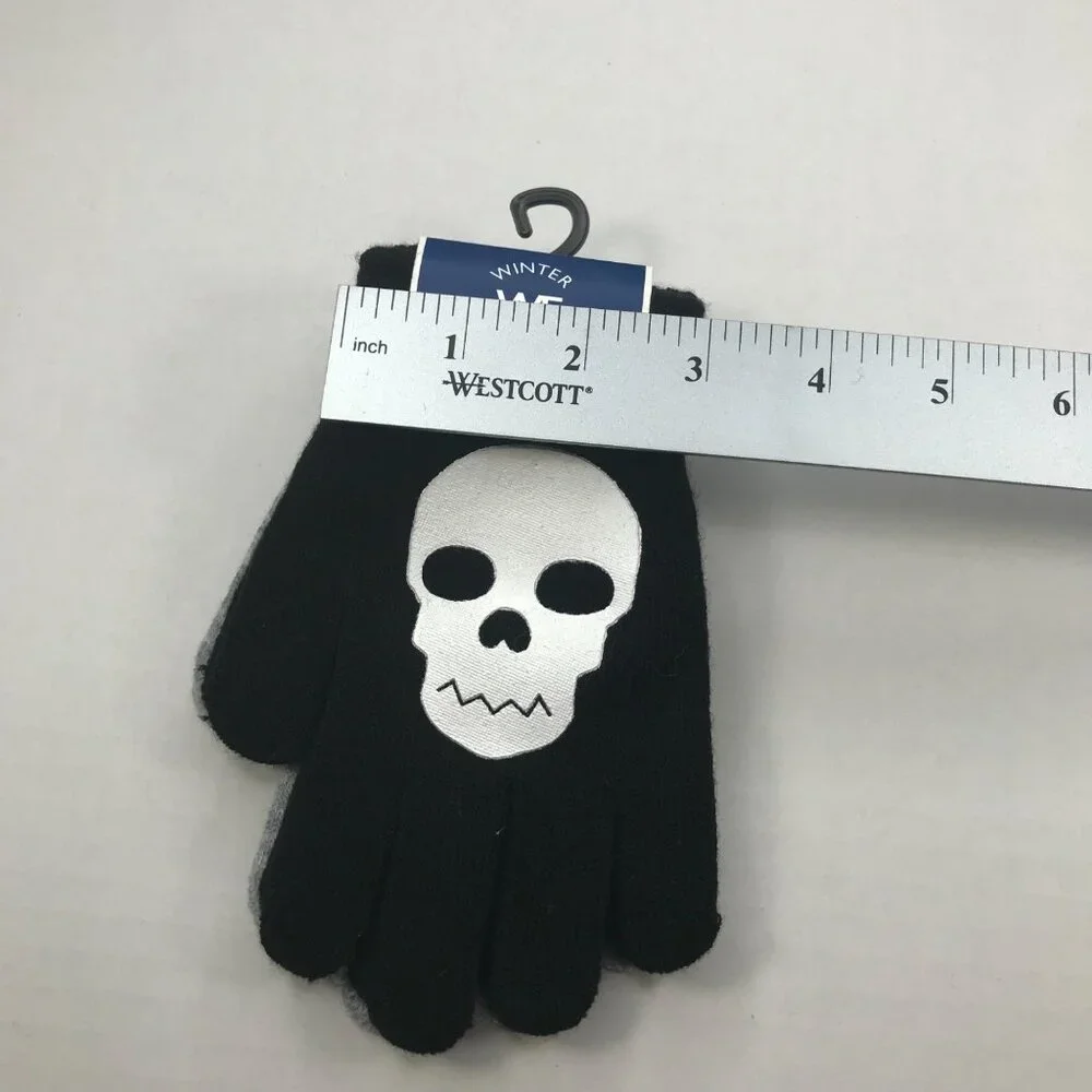 2 Pair Pack Winter Essentials Boys One Size Black Skull Gray Plain Gloves New